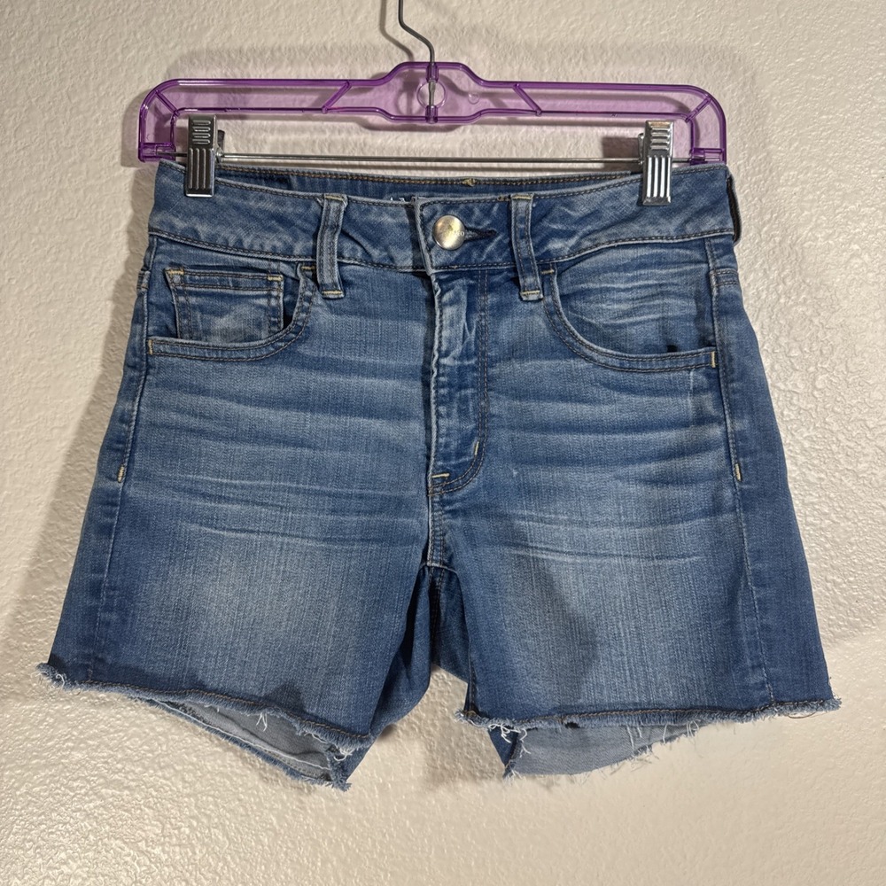 American Eagle 🦅 Womens Denim Jean Shorts Size 2 Hi-Rise Shortie Super Stretch